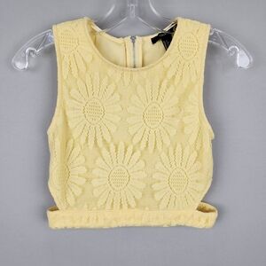 Forever 21 Yellow Floral Sleeveless Crop Top Zip Up Back - Sz SM